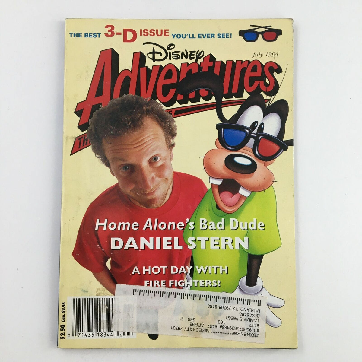 Cover of Disney Adventures Magazine July 1994 featuring Home Alone's Bad Dude Daniel Stern, alongside a cartoon character wearing 3D glasses. Promoting a hot day with fire fighters, this vintage magazine captures the nostalgic essence of the 1990s.