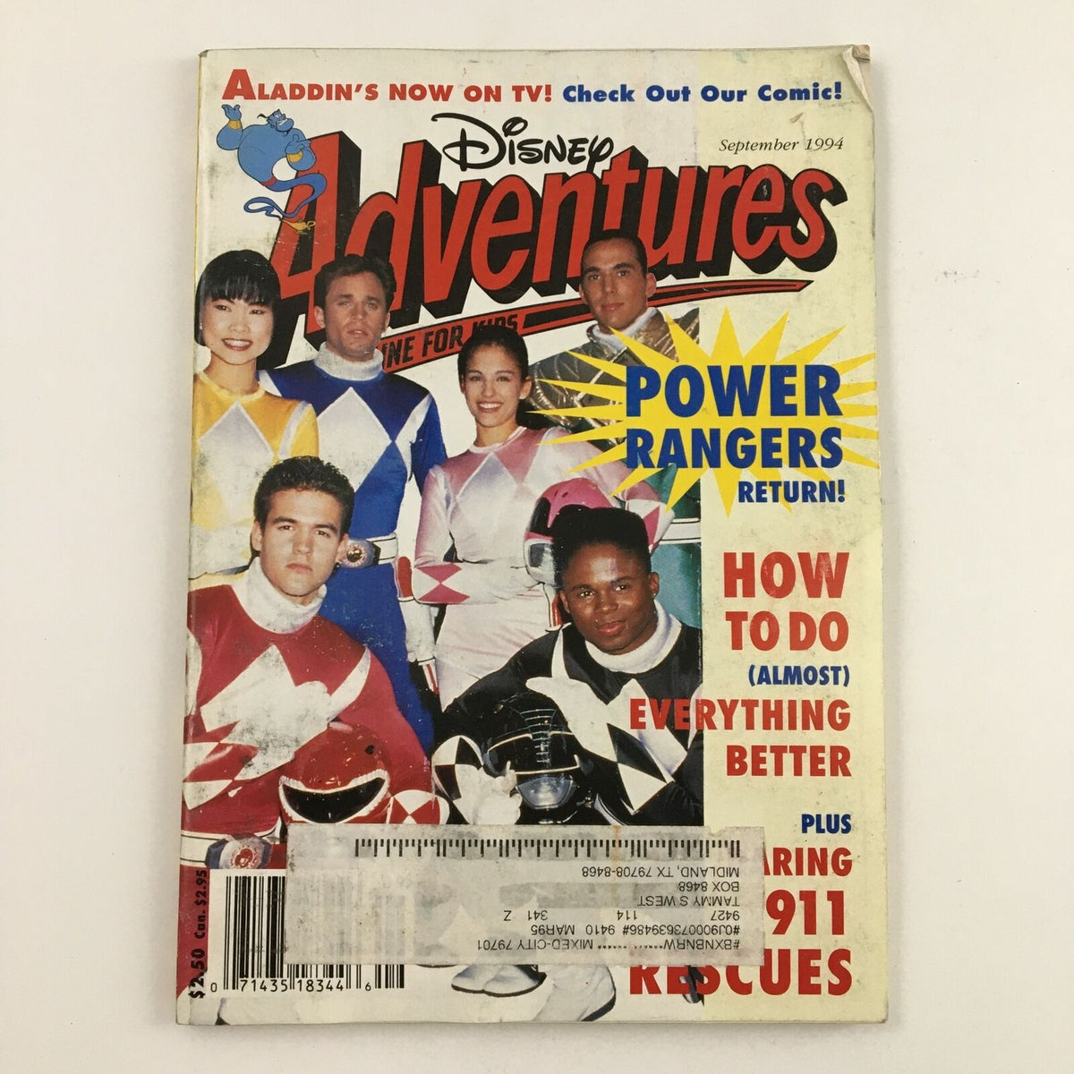 Cover of Disney Adventures Magazine September 1994 featuring Power Rangers Return and Aladdin on TV, showcasing a group of actors in colorful Power Rangers costumes with the magazine title prominently displayed.