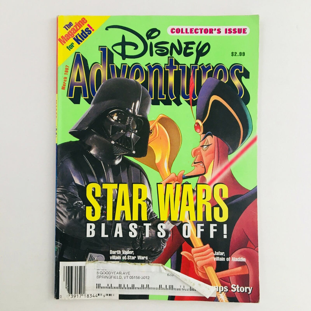 Cover image of Disney Adventures Magazine March 1997 featuring iconic villains Darth Vader and Jafar, highlighting the theme 'Star Wars Blasts Off!'. This vintage collector's issue is perfect for Disney fans and collectors.