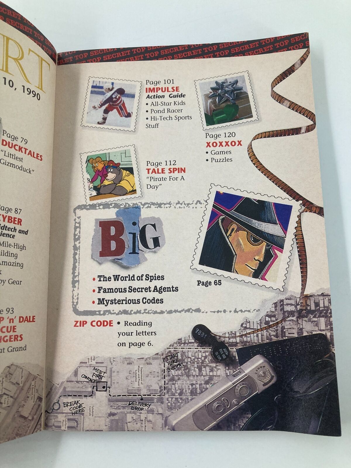 Another inside page of Disney Adventures Magazine December 10, 1990, highlighting sections like 'Big' and 'Impulse Action Guide' with colorful illustrations and intriguing topics for young readers.