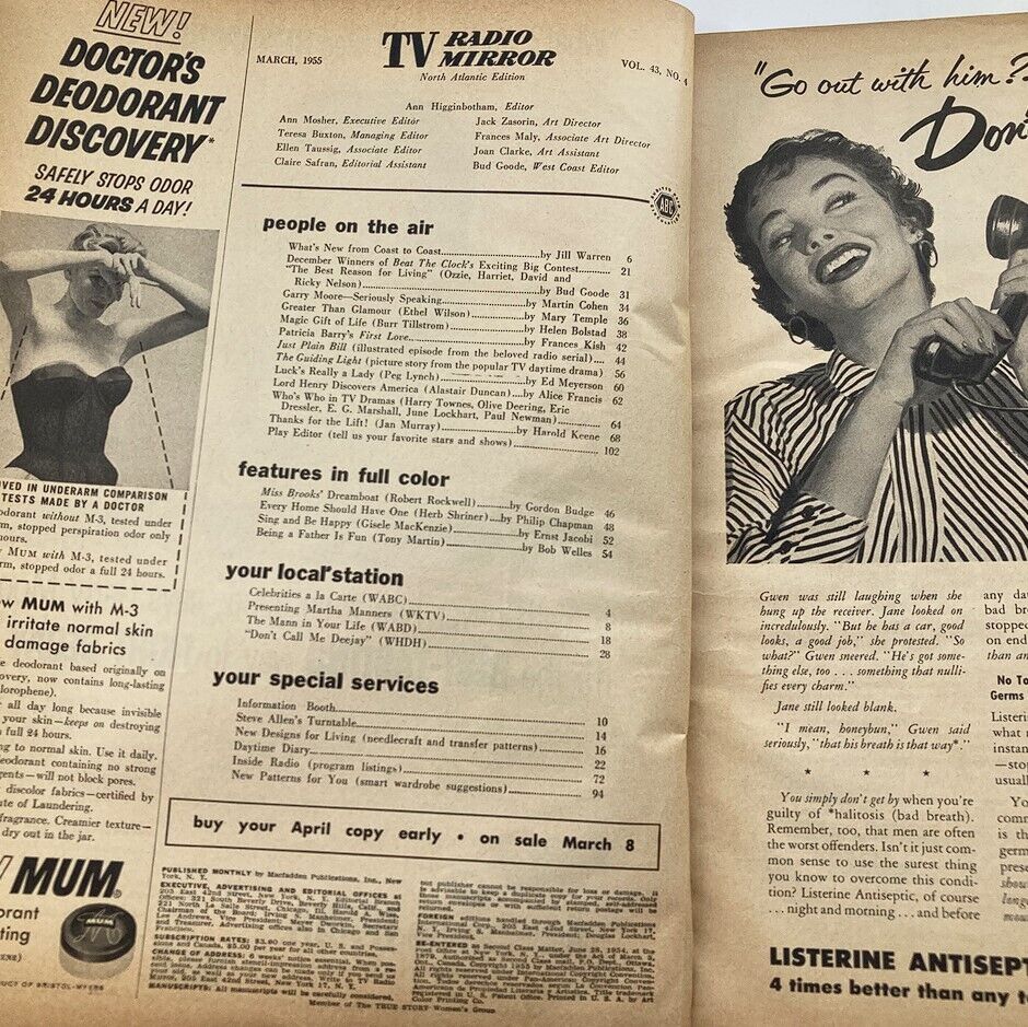 Inside pages of VTG TV Radio Mirror Magazine March 1955 displaying the table of contents and articles featuring Ozzie and Harriet Nelson and other 1950s television highlights.