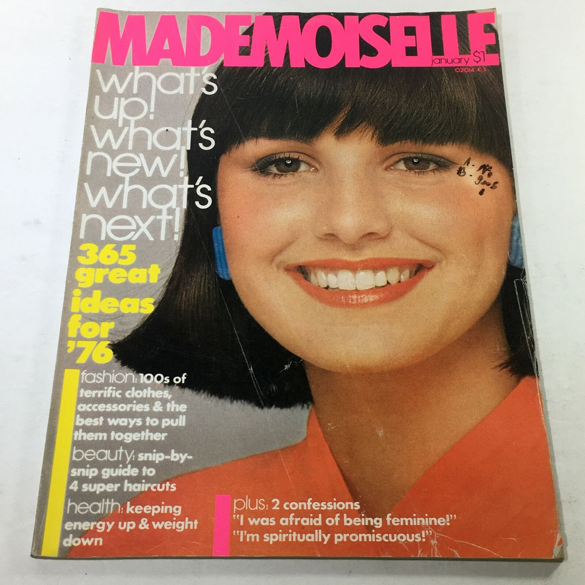 Cover of VTG Mademoiselle Magazine: January 1976 featuring a woman with a bob hairstyle and bright makeup, showcasing fashion highlights and health tips from the 1970s.