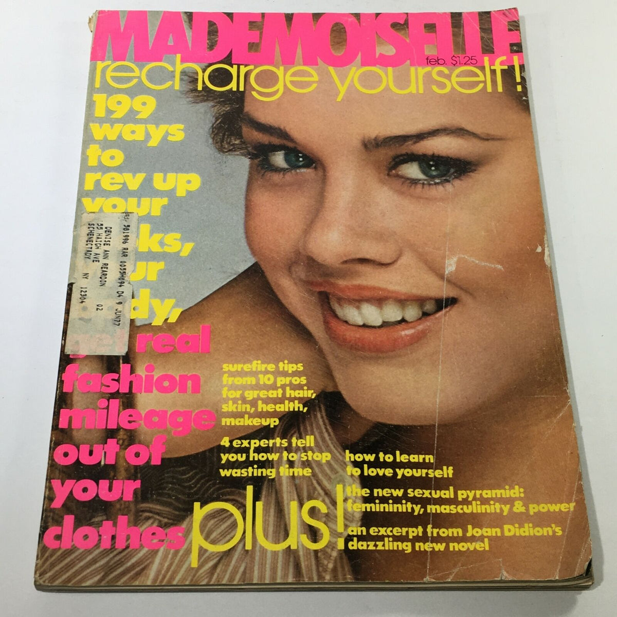 VTG Mademoiselle Magazine February 1977 featuring Debbie Dickinson on the cover, highlighting vintage fashion and beauty tips popular in the late 1970s.