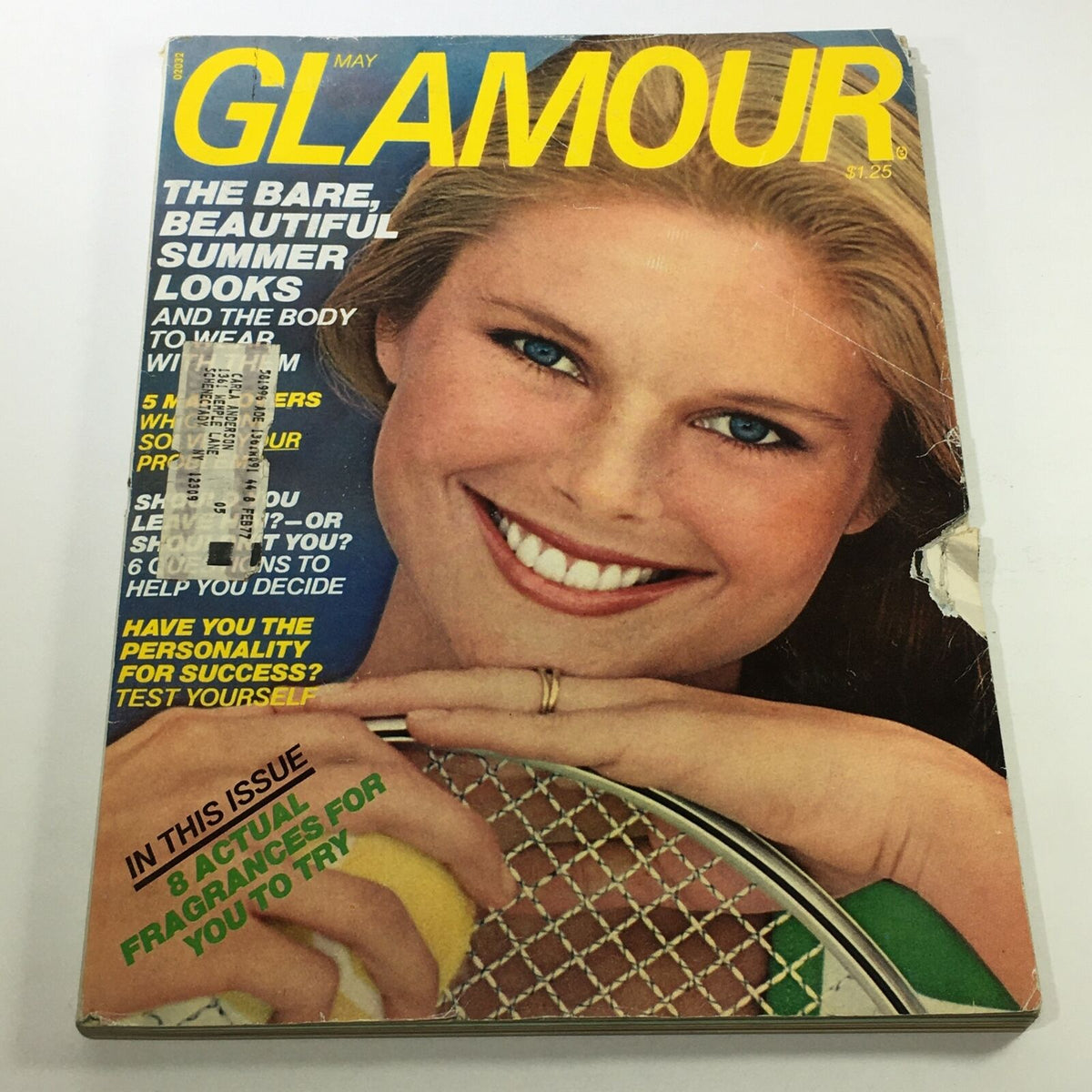 Glamour Magazine May 1976 cover featuring a smiling Christie Brinkley, highlighting summer fashion looks and fragrance recommendations.