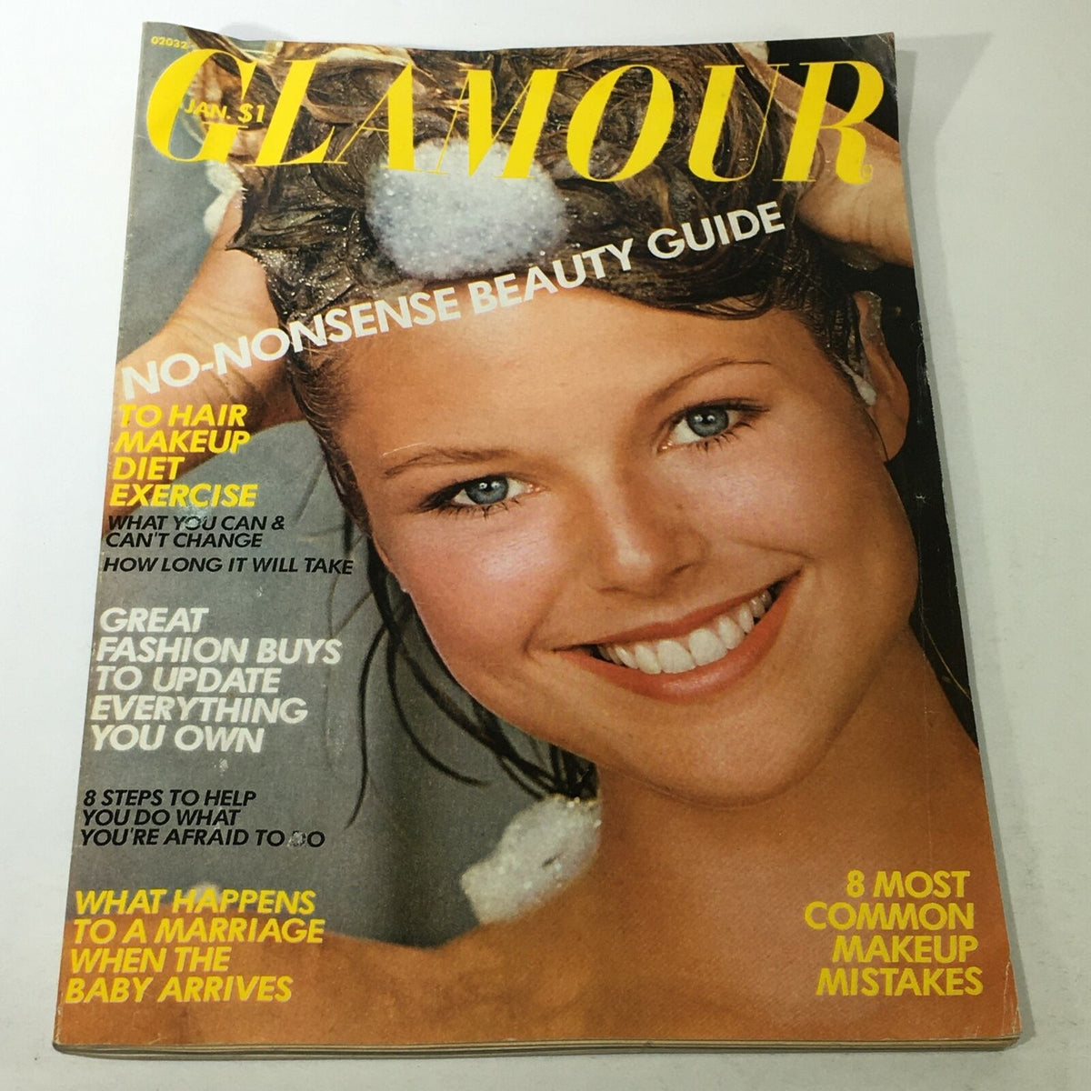 Vintage Glamour Magazine January 1976 featuring Christie Brinkley on the cover, showcasing beauty guides and fashion tips from the 1970s era.