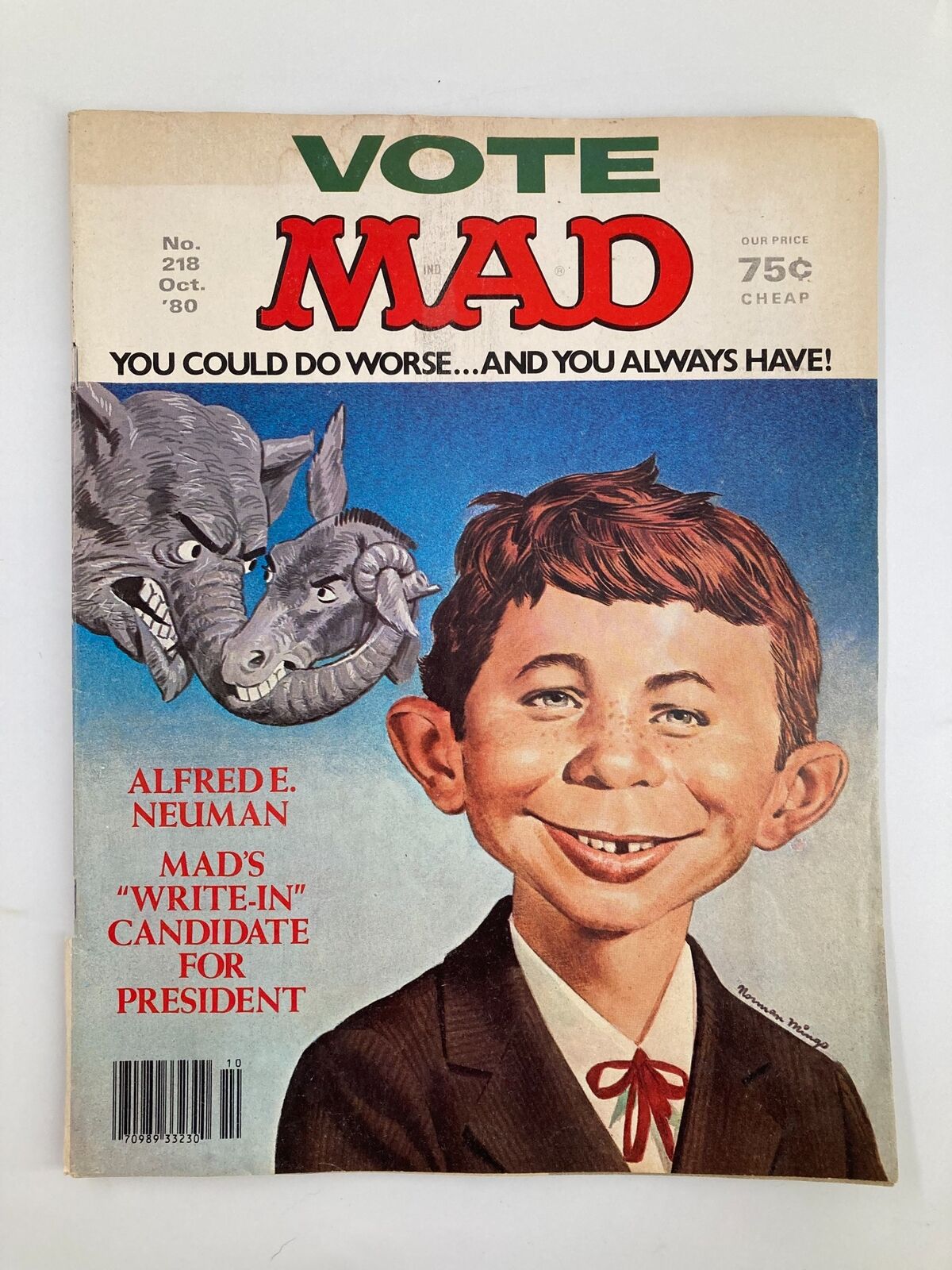 Cover of Mad Magazine October 1980 No. 218 featuring Alfred E. Neuman as a presidential candidate with the headline 'Vote Mad', showcasing humorous political commentary with vibrant illustrations of animals.