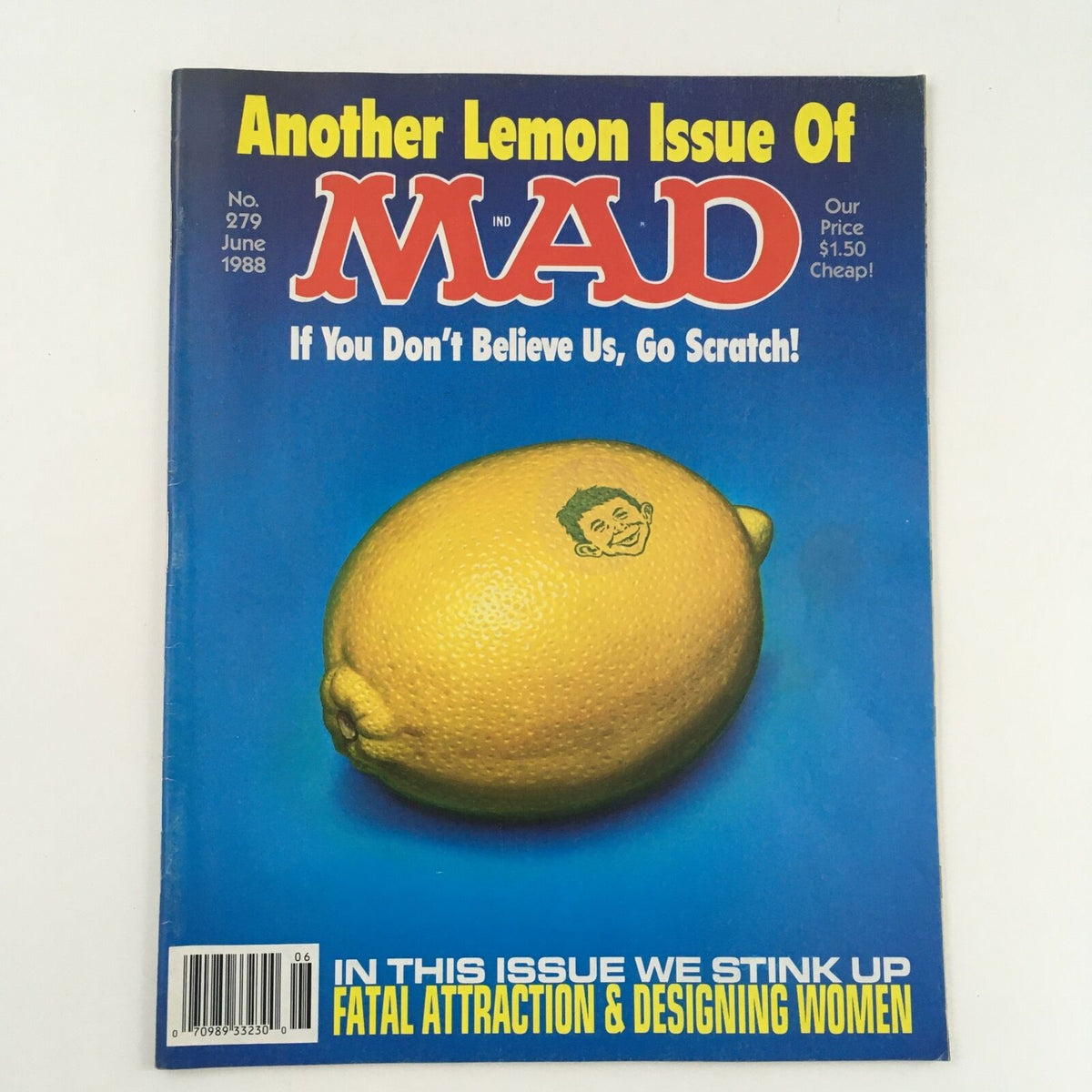 Cover of Mad Magazine June 1988 No. 279, dubbed the 'Another Lemon Issue', featuring a large yellow lemon with humorous graphics and text. The publication highlights popular culture and satire from the late 1980s.