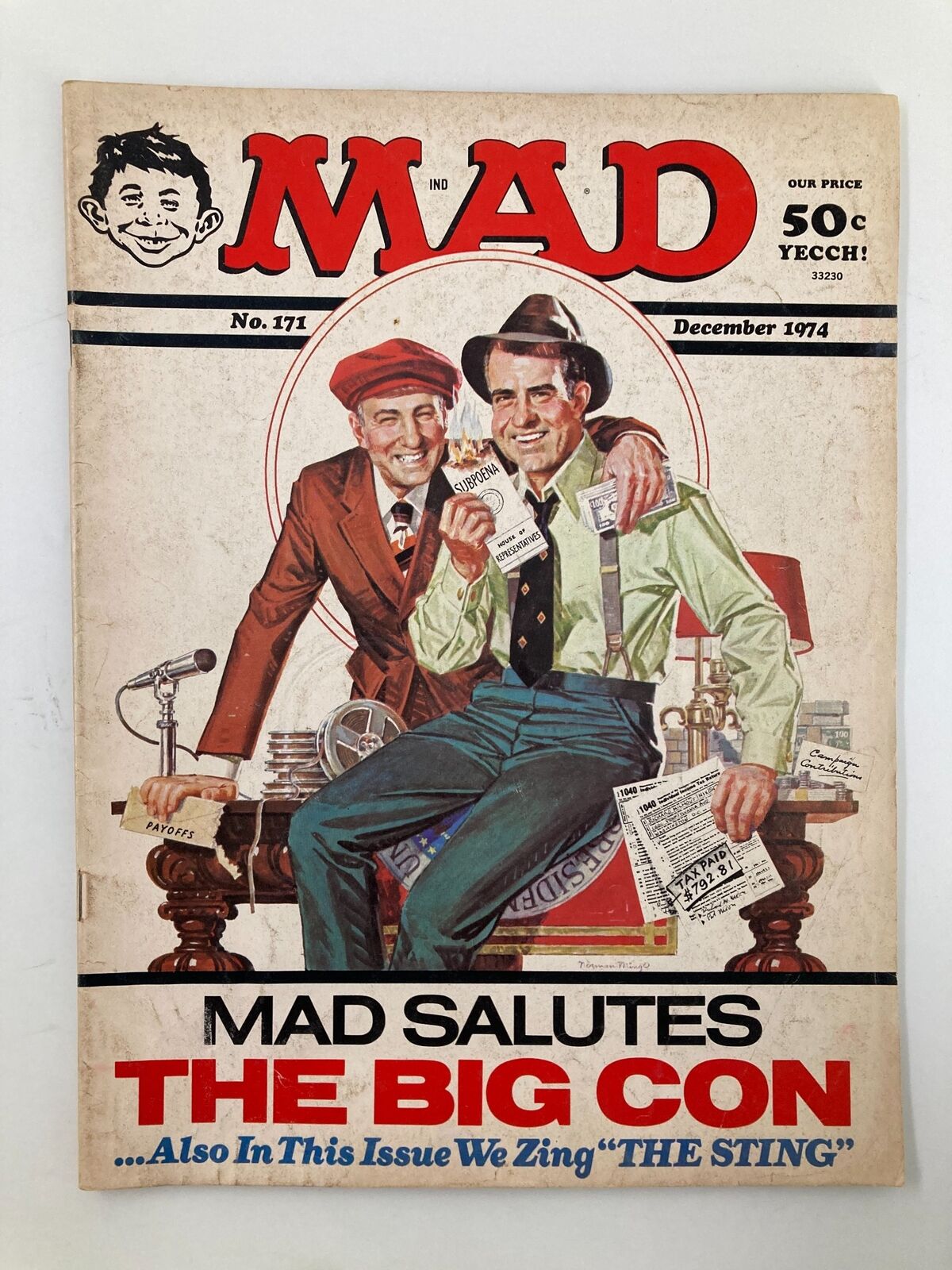 Cover of Mad Magazine December 1974 No. 171 Salutes The Big Con featuring humorous illustration of two men with exaggerated expressions, one wearing a red cap and the other in a green shirt, surrounded by references to humor and satire.