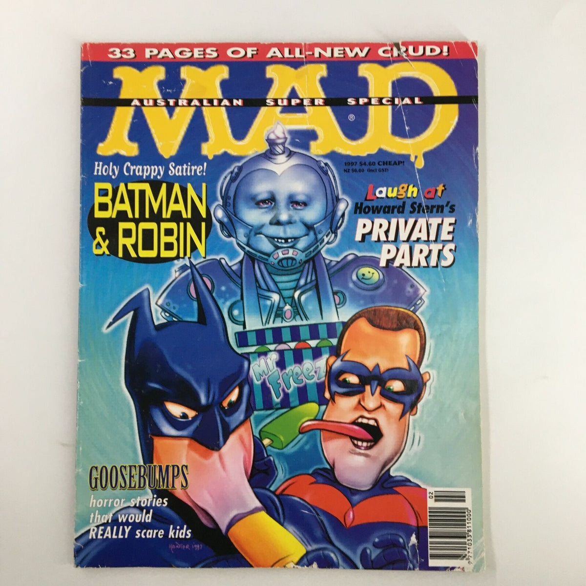 Mad Magazine 1997 issue featuring Batman & Robin on the cover, parodying Howard Stern's Private Parts, with vibrant illustrations and characters including Mr. Freeze.