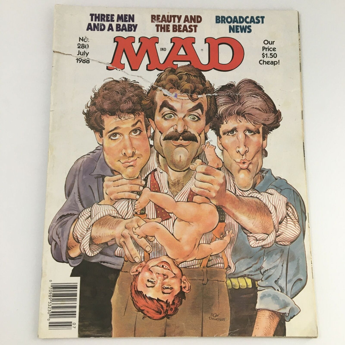 VTG Mad Magazine July 1988 #280 featuring an illustration cover of Three Men & A Baby, showcasing caricatures of three men holding a baby, representing vintage satirical artwork.