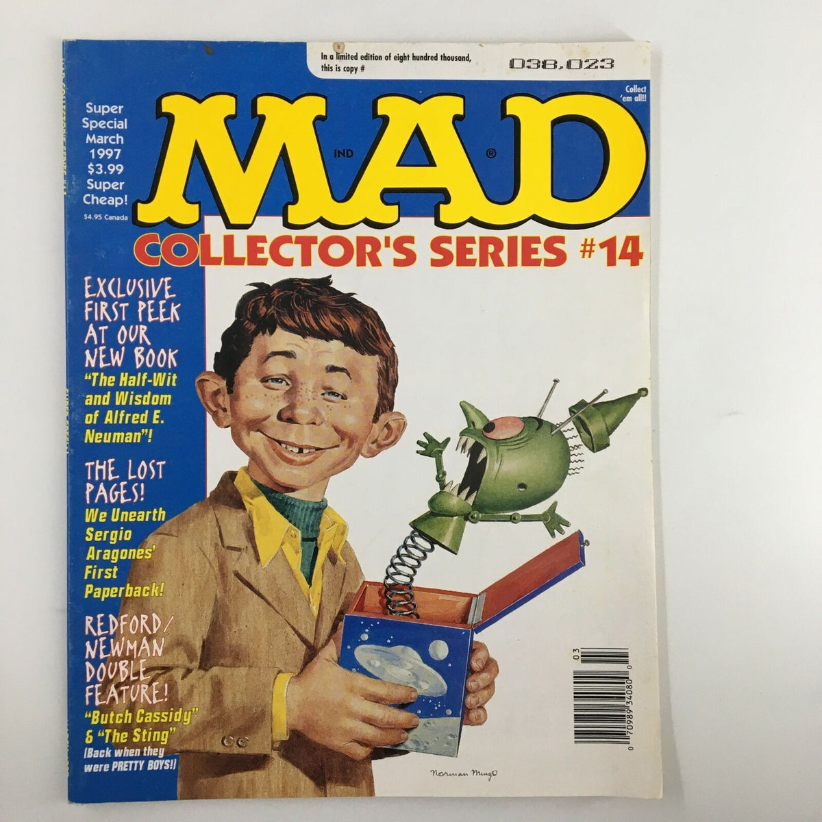 Cover of Mad Magazine March 1997 #14 titled 'Butch Cassidy & The Sting', featuring iconic character Alfred E. Neuman with an expressive smile, holding a jack-in-the-box with a green character popping out. The magazine highlights comics and satire, perfect for vintage magazine collectors.