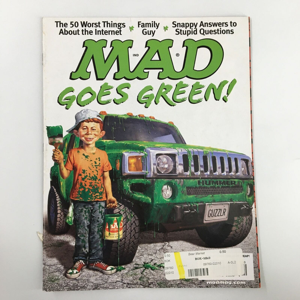 Cover of Mad Magazine October 2008 No. 494 featuring Alfred Neuman with the theme 'Goes Green!' showcasing a boy holding a paint can and a green Hummer.