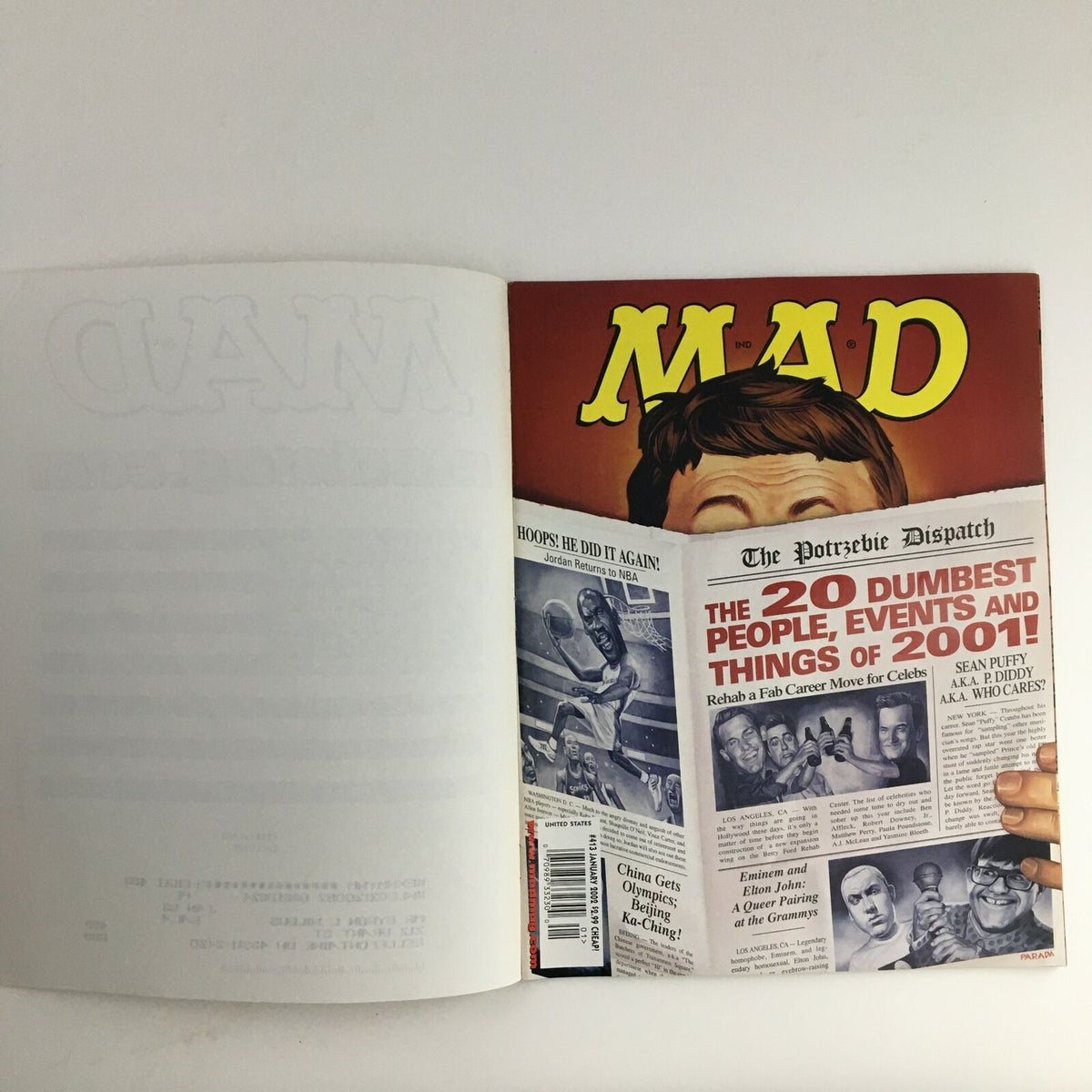 Cover of Mad Magazine January 2002 #413 featuring the title 'MAD' and the feature article 'The 20 Dumbest People, Events and Things of 2001'. A vintage collectible magazine noted for its humor and satire.