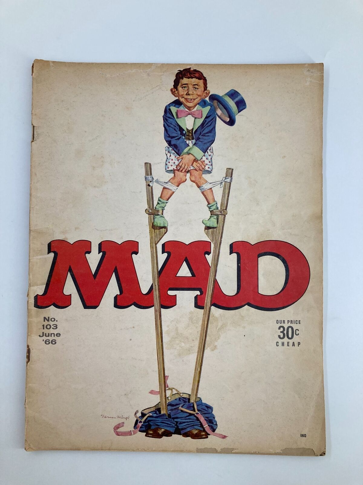 Cover of Mad Magazine June 1966 No. 103 titled 'The Agony and The Agony', featuring a cartoon character on stilts, showcasing vibrant colors and classic comic art.