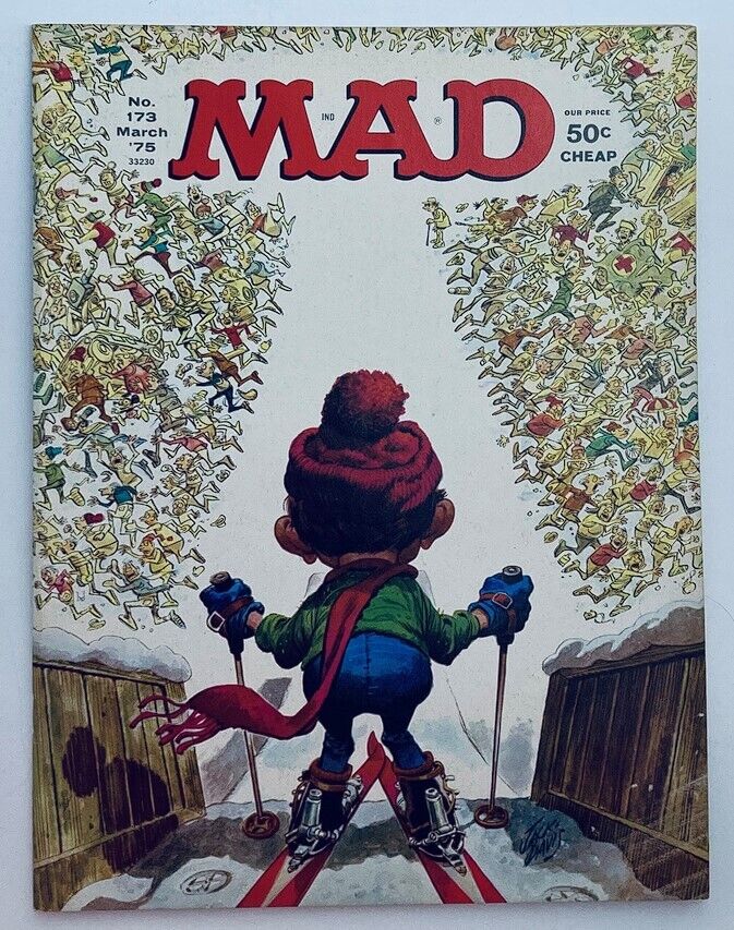 Cover of Mad Magazine March 1975 No. 173 featuring the iconic Chinaclown artwork, depicting a child skier surrounded by whimsical characters and humor, showcasing classic satire and pop culture commentary.