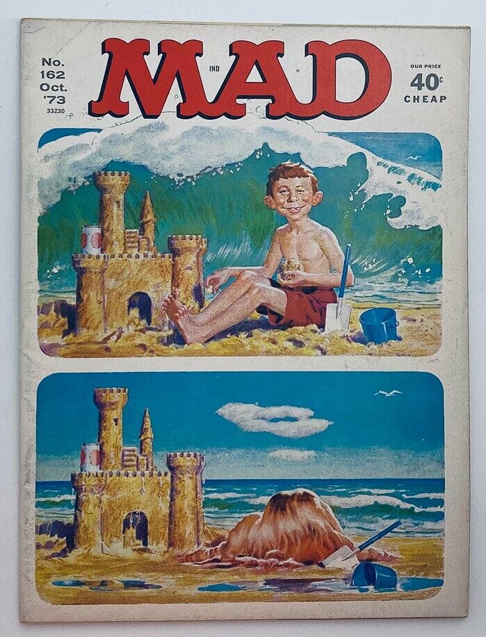 Mad Magazine October 1973 No. 162 featuring 'The Heartburn Kid' on the cover, showcasing a colorful illustration of a boy playing on the beach with sandcastles and waves. This vintage issue epitomizes comic nostalgia and early 70s humor.