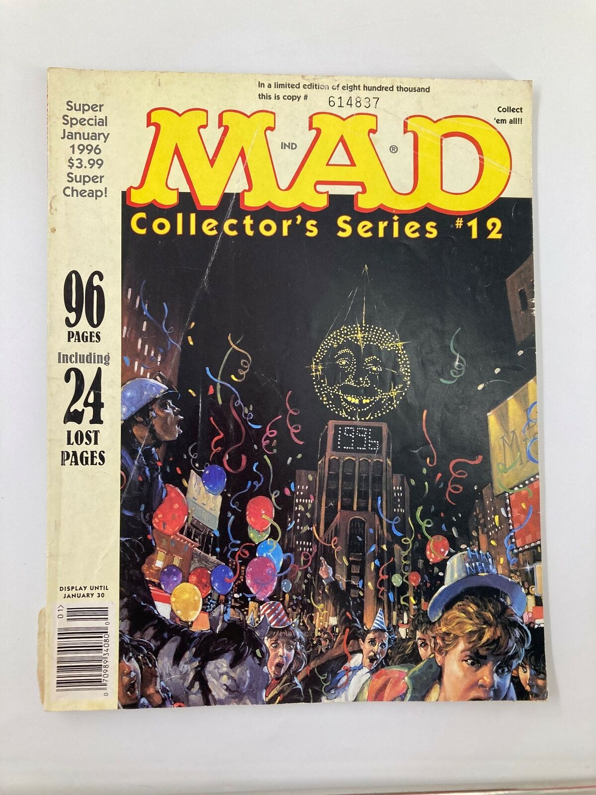Cover of Mad Magazine January 1996 #110 featuring Harry Grepser's New Year Resolution, showcasing vibrant illustrations of a New Year's celebration in a city with balloons and confetti.