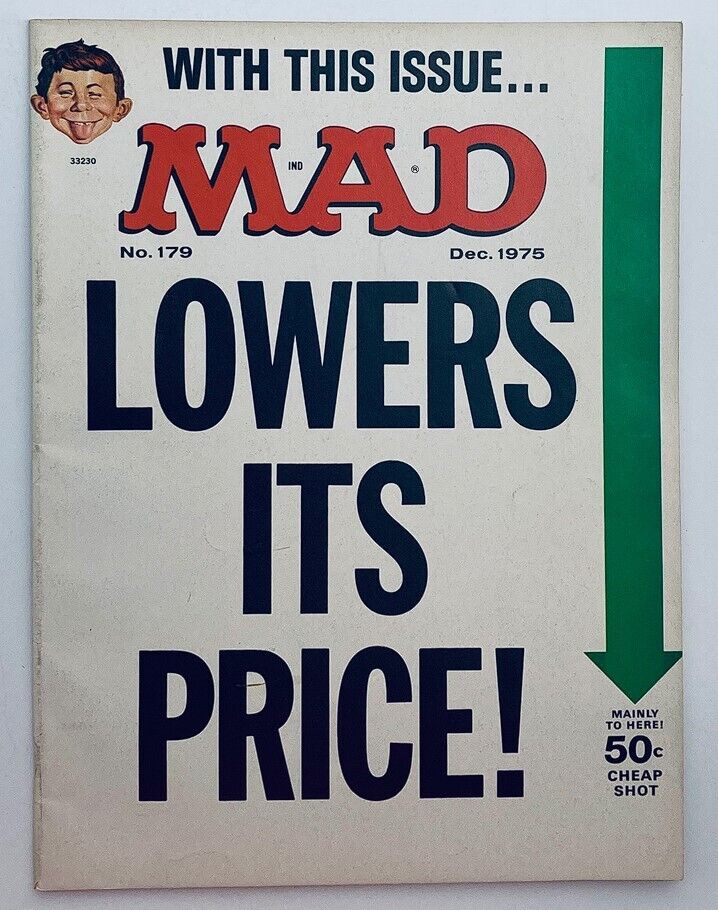 Cover of Mad Magazine December 1975 No. 179 featuring the bold text 'LOWERS ITS PRICE!' and a humorous illustration representative of the magazine's signature style. This edition is a collectible item for fans of vintage magazines and pop culture.
