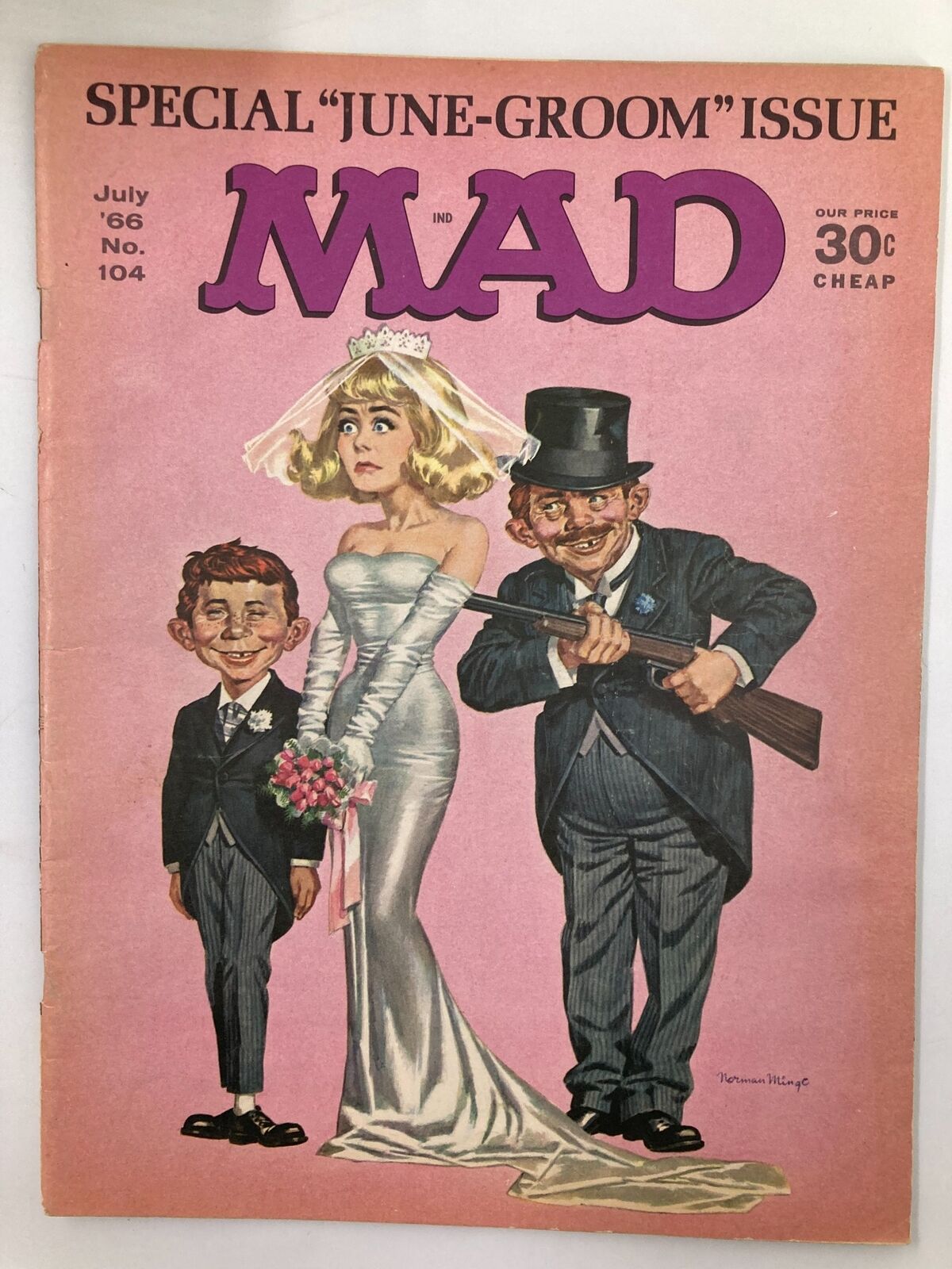 Cover of Mad Magazine July 1966 No. 104 titled 'The June-Groom Alfred', featuring a bride in a silver gown, a groom holding a shotgun, and a young boy in a tuxedo. The magazine embodies the humor and satirical essence of Mad, a collectible item for comic enthusiasts.