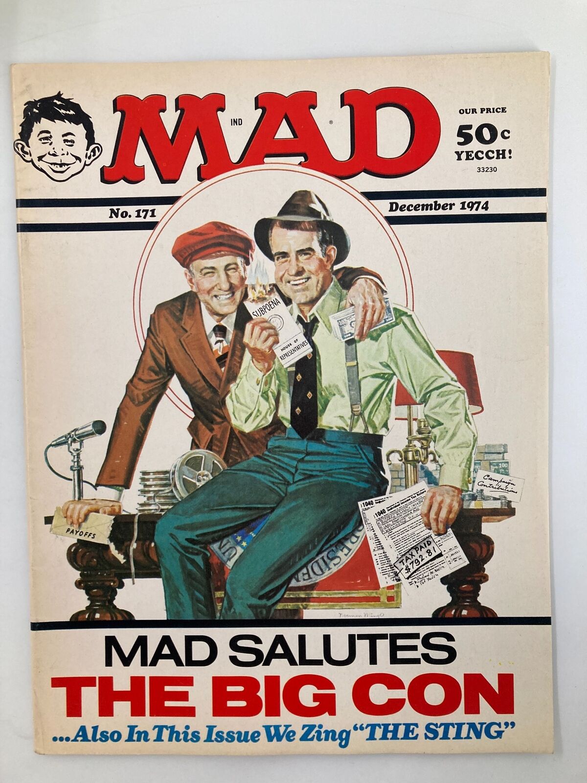 Cover of Mad Magazine December 1974 No. 171 featuring 'The Big Con' theme, showcasing humorous illustrations and characters related to the film 'The Sting'.