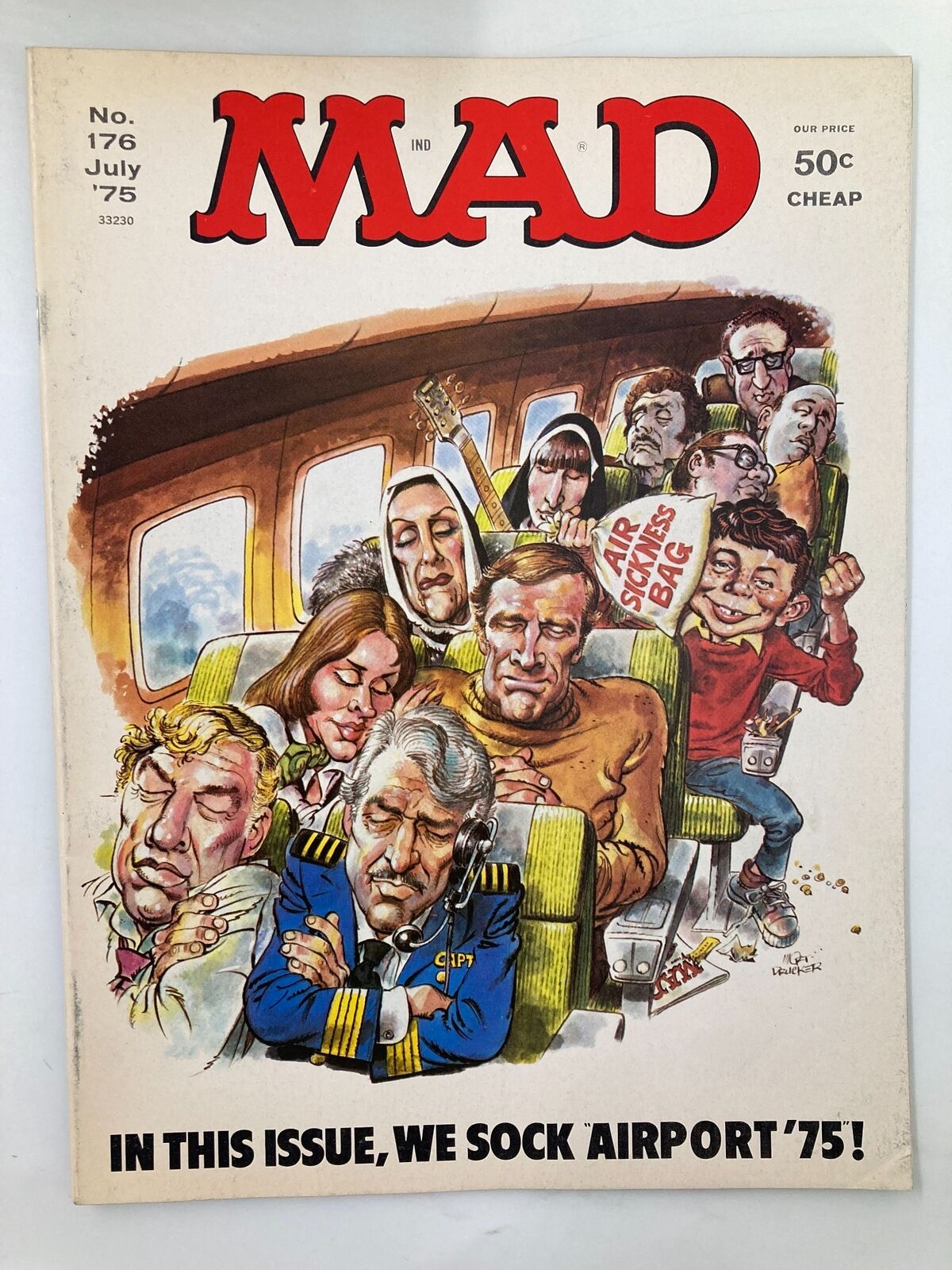 Cover of Mad Magazine July 1975 No. 176 featuring the humorous illustration 'We Sock Airport '75', showcasing passengers and a captain on an airplane.