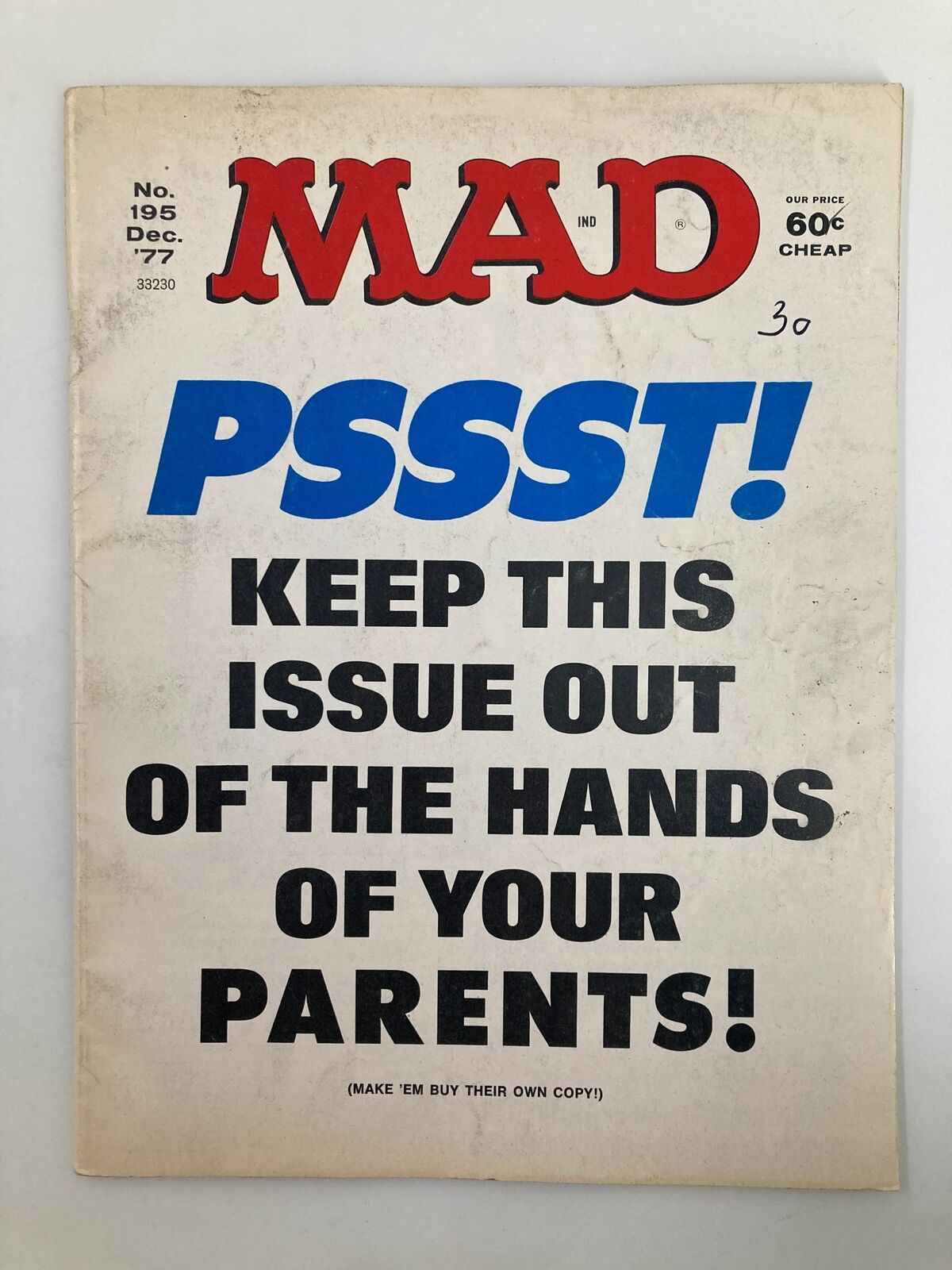 Cover of Mad Magazine December 1977 No. 195 featuring bold text urging to keep this issue out of the hands of parents, showcasing vintage design and humor.