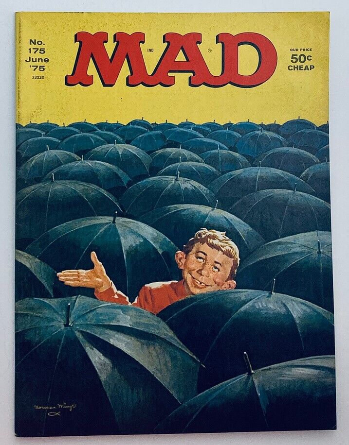 Cover of Mad Magazine June 1975 No. 175 showcasing a whimsical illustration of a boy smiling amid a sea of black umbrellas, highlighting the magazine's vintage entertainment satire style.