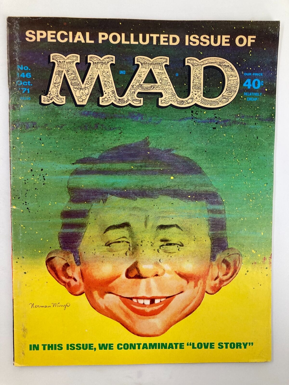Cover of Mad Magazine October 1971 titled 'Special Polluted Issue of Mad,' featuring a humorous illustration by Norman Mingo, with a parodic take on love stories, showcasing vibrant colors and iconic characters typical of the vintage magazine era.