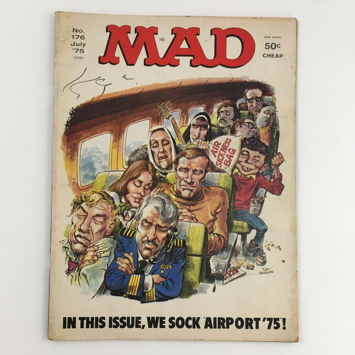 Cover of Mad Magazine July 1975 No. 176 featuring the title 'We Sock Airport 1975', depicting humorous illustrations of airplane passengers and a flight crew. This vintage magazine captures the quirky humor and cultural satire of the 1970s.