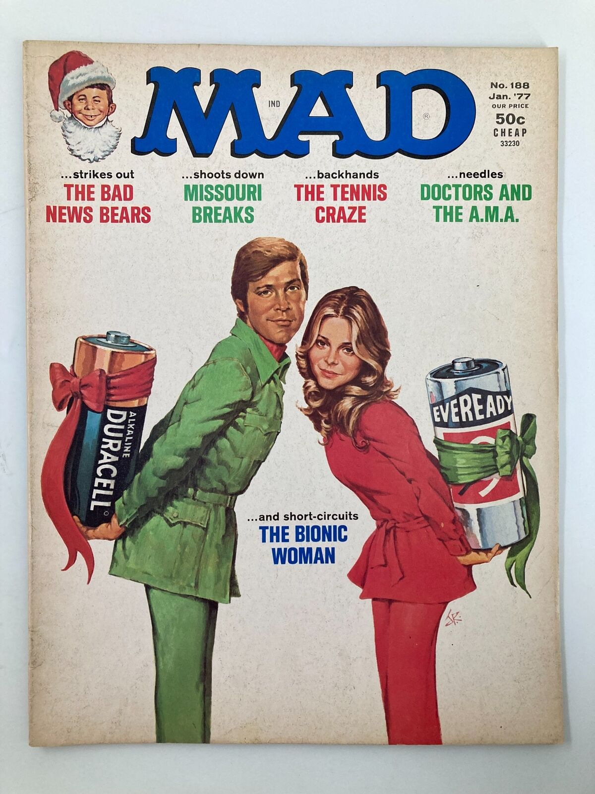 Cover of Mad Magazine January 1977 No. 188 featuring The Bionic Woman, with vibrant artwork depicting two figures holding batteries, showcasing humor and pop culture from the 1970s.