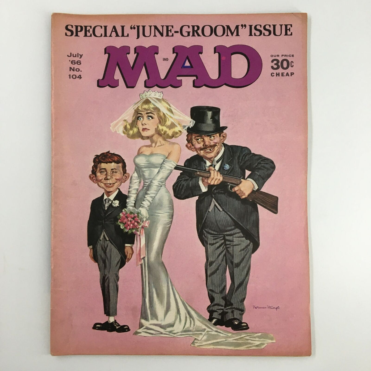 Cover of Mad Magazine July 1966 No. 104 featuring a humorous illustration of Alfred and June Bride, showcasing the quirky characters on a pink background, highlighting the special 'June-Groom' theme.