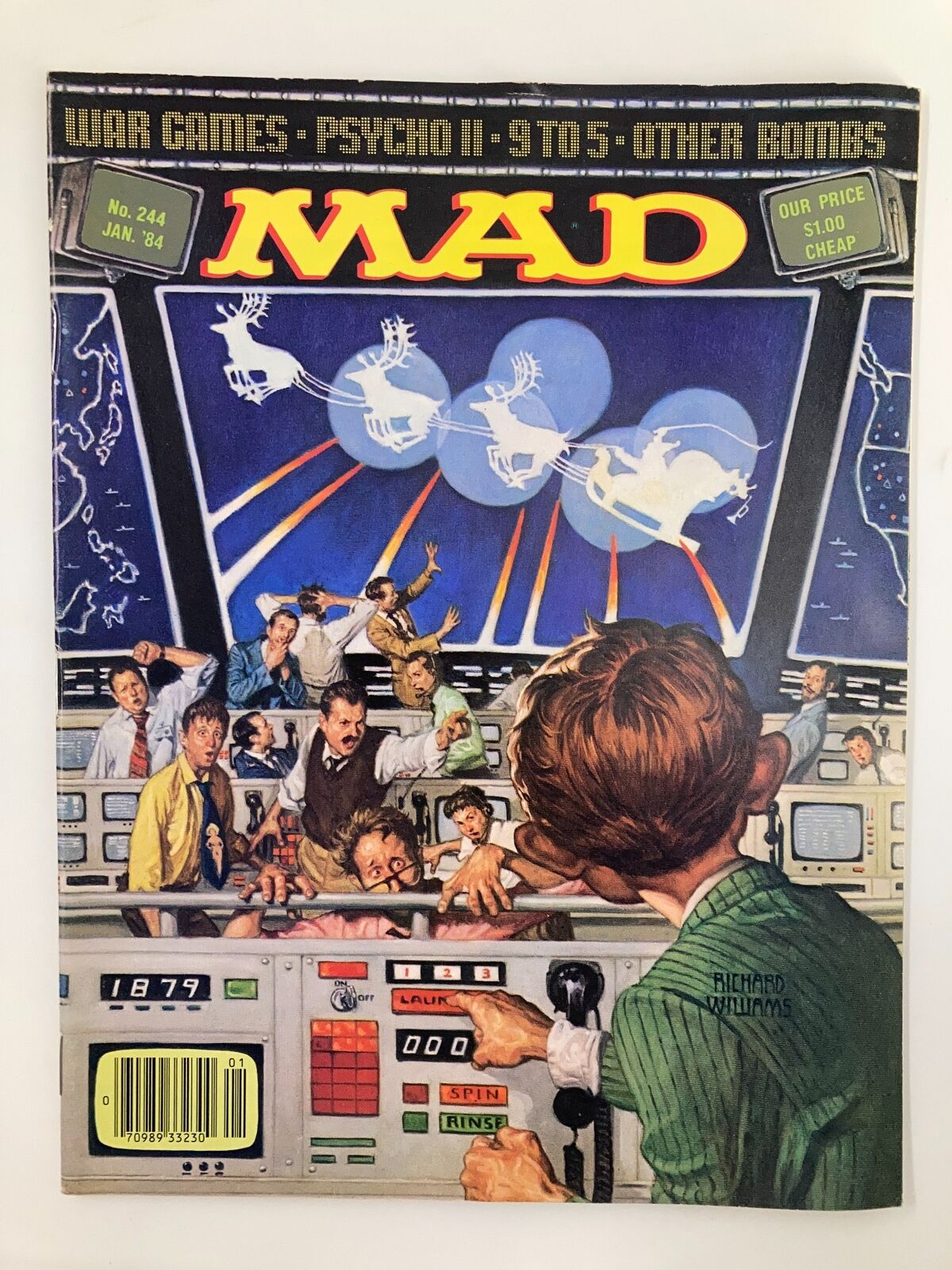 Cover of Mad Magazine January 1984 No. 244 featuring a humorous depiction of Santa Claus with reindeer, capturing the magazine's whimsical style. Features characters reacting in surprise, illustrated by Richard Williams. Vintage magazine in Fine condition.