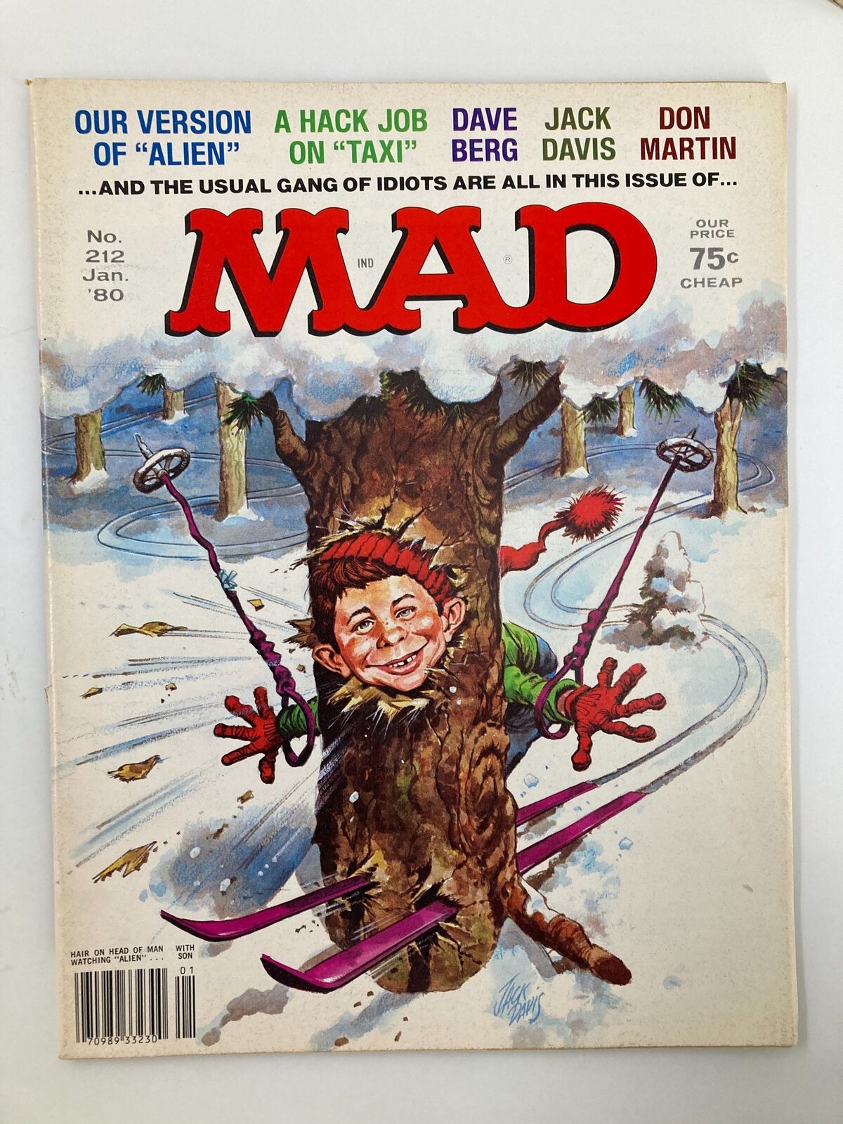 Mad Magazine January 1980 No. 212 featuring Don Martin's humorous artwork. The cover depicts a whimsical character skiing while being attached to a tree, showcasing the vintage comic style emblematic of Mad Magazine.
