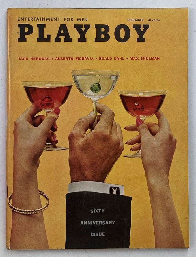 VTG Playboy Magazine December 1959 featuring Ellen Stratton on the cover, showcasing hands holding cocktails with a yellow background, celebrating the sixth anniversary issue.