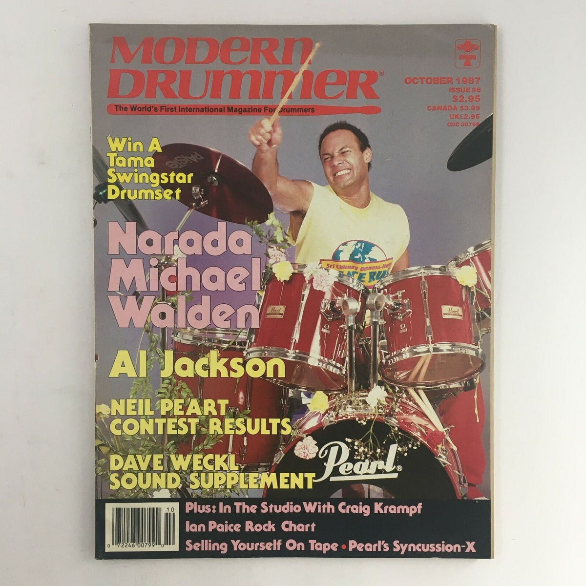 Modern Drummer Magazine October 1987 featuring Narada Michael Walden and Al Jackson on the cover, highlighting key articles including a contest with Neil Peart and a sound supplement by Dave Weckl.
