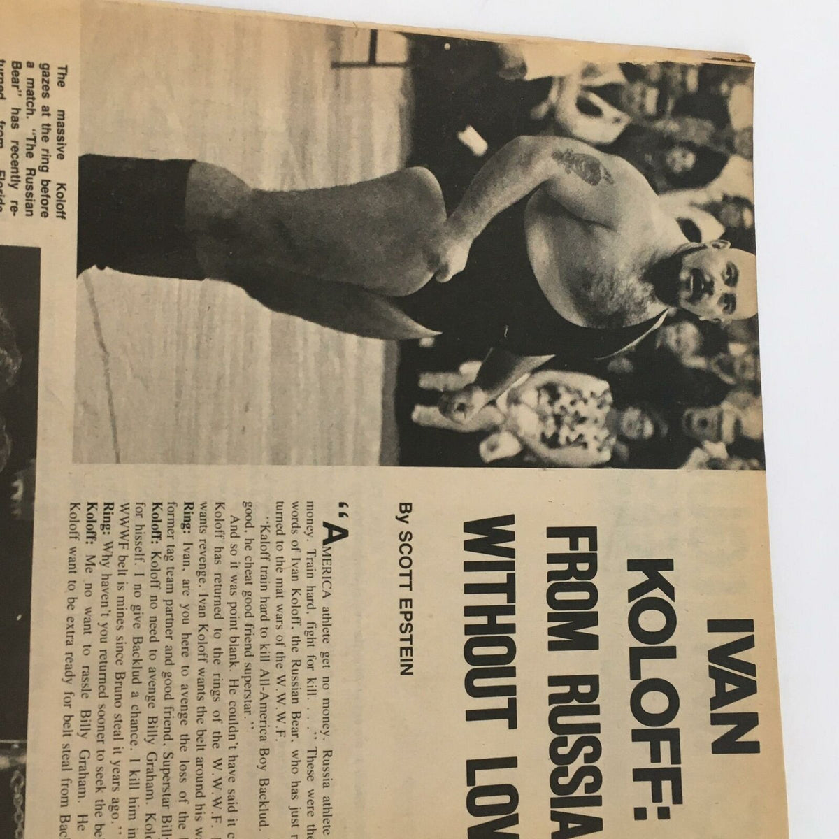 Ivan Koloff feature article page from The Ring Wrestling Magazine October 1978, depicting Koloff in action with the headline 'From Russia, Without Love'.