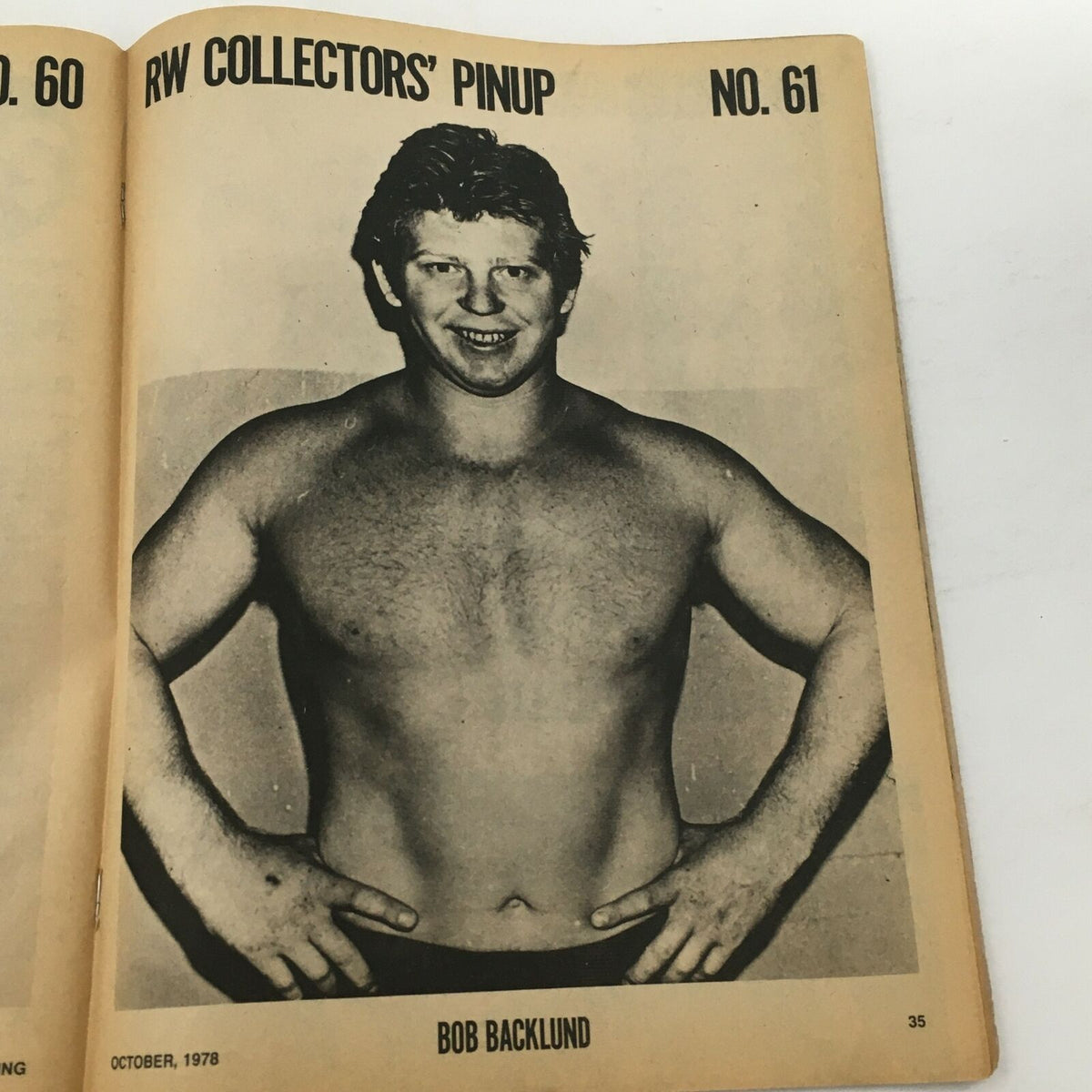 Collector's pinup feature of Bob Backlund from The Ring Wrestling Magazine October 1978, displaying the wrestler in a posing stance.