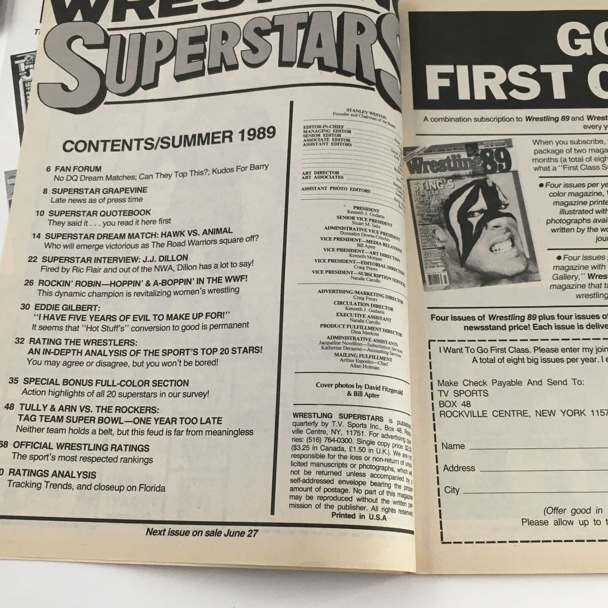Contents page of Wrestling Superstars Magazine Summer 1989, detailing articles and features including discussions on top wrestlers, fan forum, and interviews.