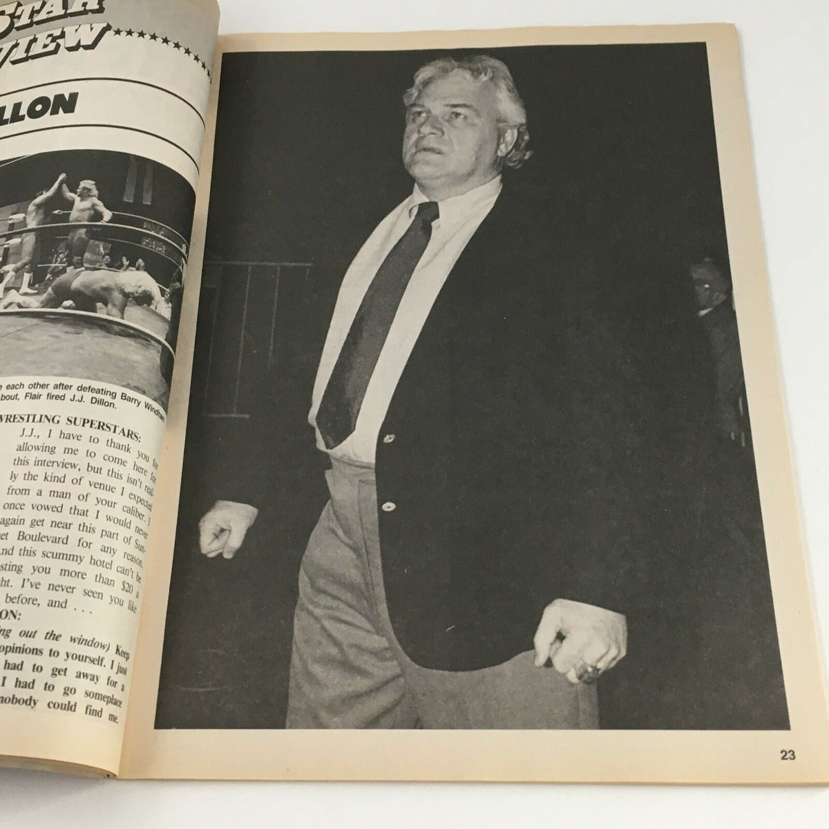 Inside page of Wrestling Superstars Magazine Summer 1989 featuring an article with J.J. Dillon, highlighting wrestling history and personalities of the late 1980s.