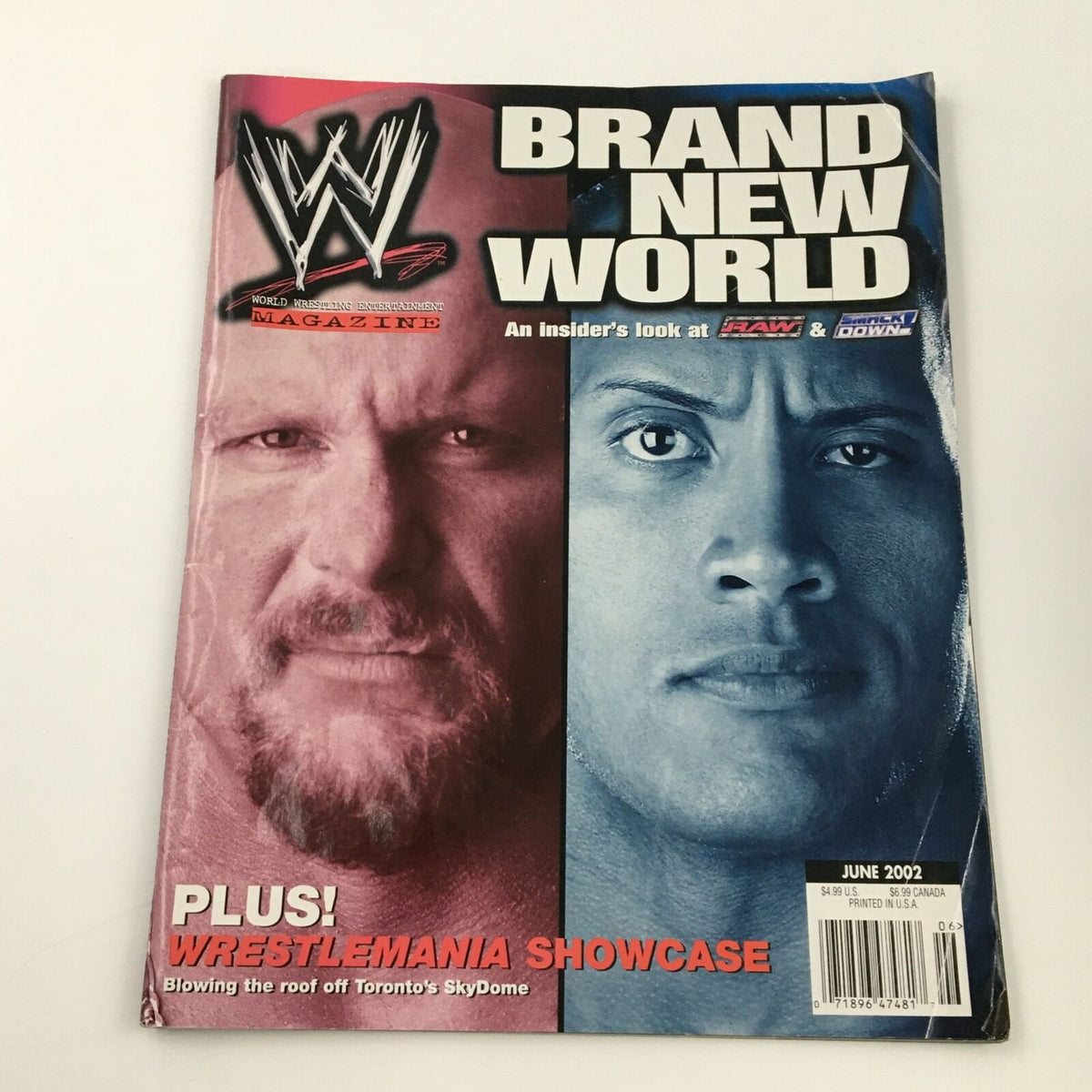 WWE Magazine June 2002 cover featuring The Rock and Stone Cold Steve Austin, showcasing the iconic wrestling event WrestleMania X8.