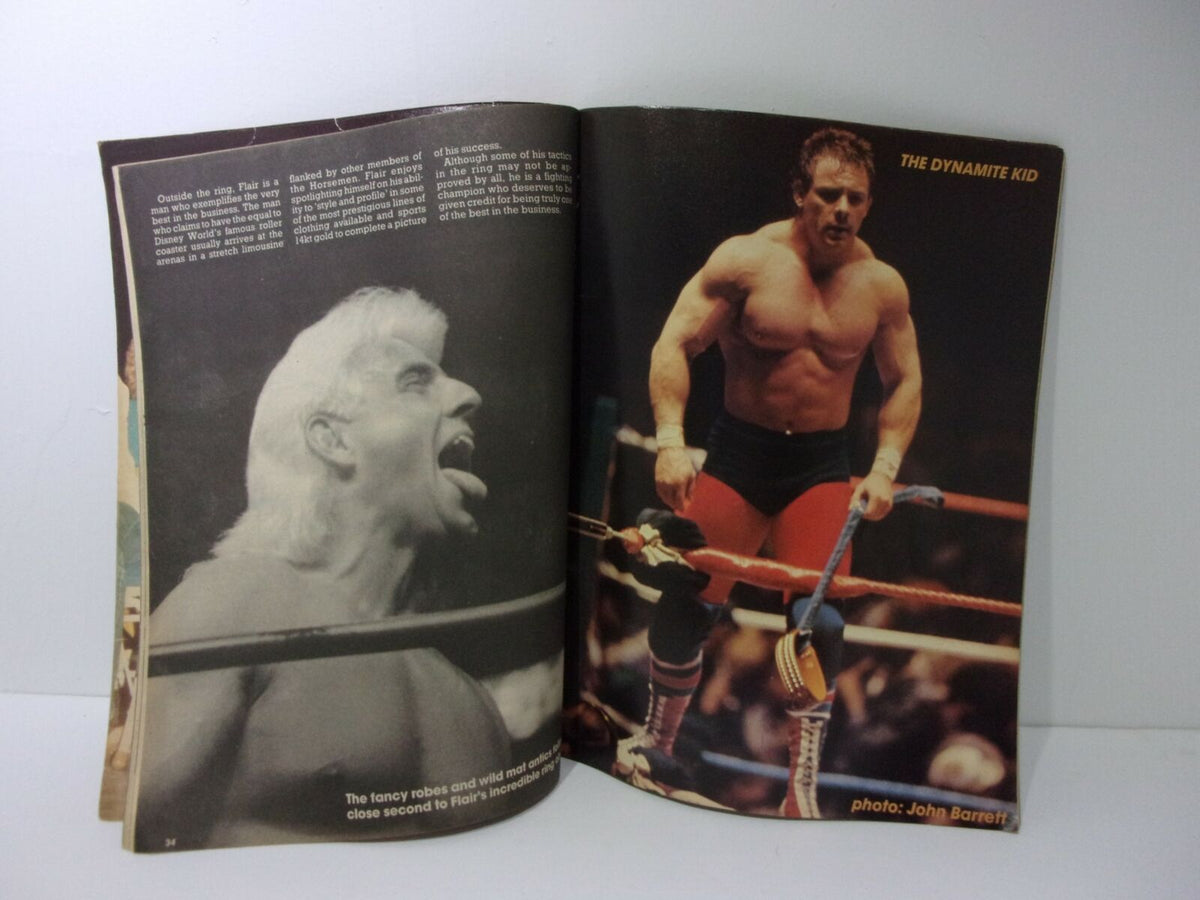 Page spread of Wrestling Life Magazine: August 1988 featuring wrestling star The Dynamite Kid and a promotional article about Ric Flair.