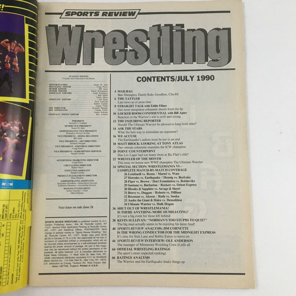 Contents page of the Sports Review Wrestling Magazine July 1990 featuring an overview of articles and highlights about wrestling.