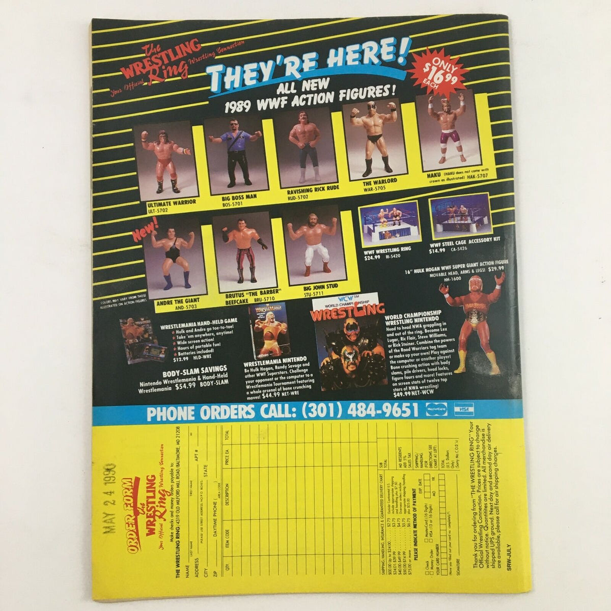 The back cover of the Sports Review Wrestling Magazine July 1990 showcasing promotional WWF action figures.
