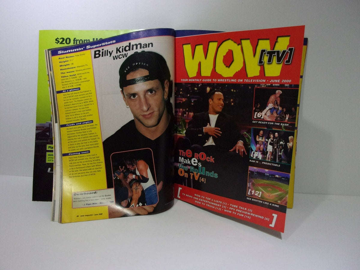 Interior page of World of Wrestling WOW Magazine featuring an article about wrestler Billy Kidman and a colorful layout highlighting wrestling events and statistics.