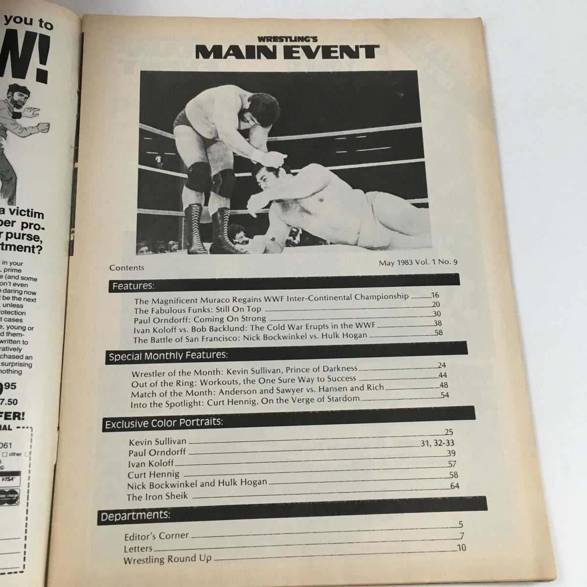 Inside page of Wrestling's Main Event Magazine May 1983 showing the table of contents, showcasing articles and features related to legendary wrestlers.