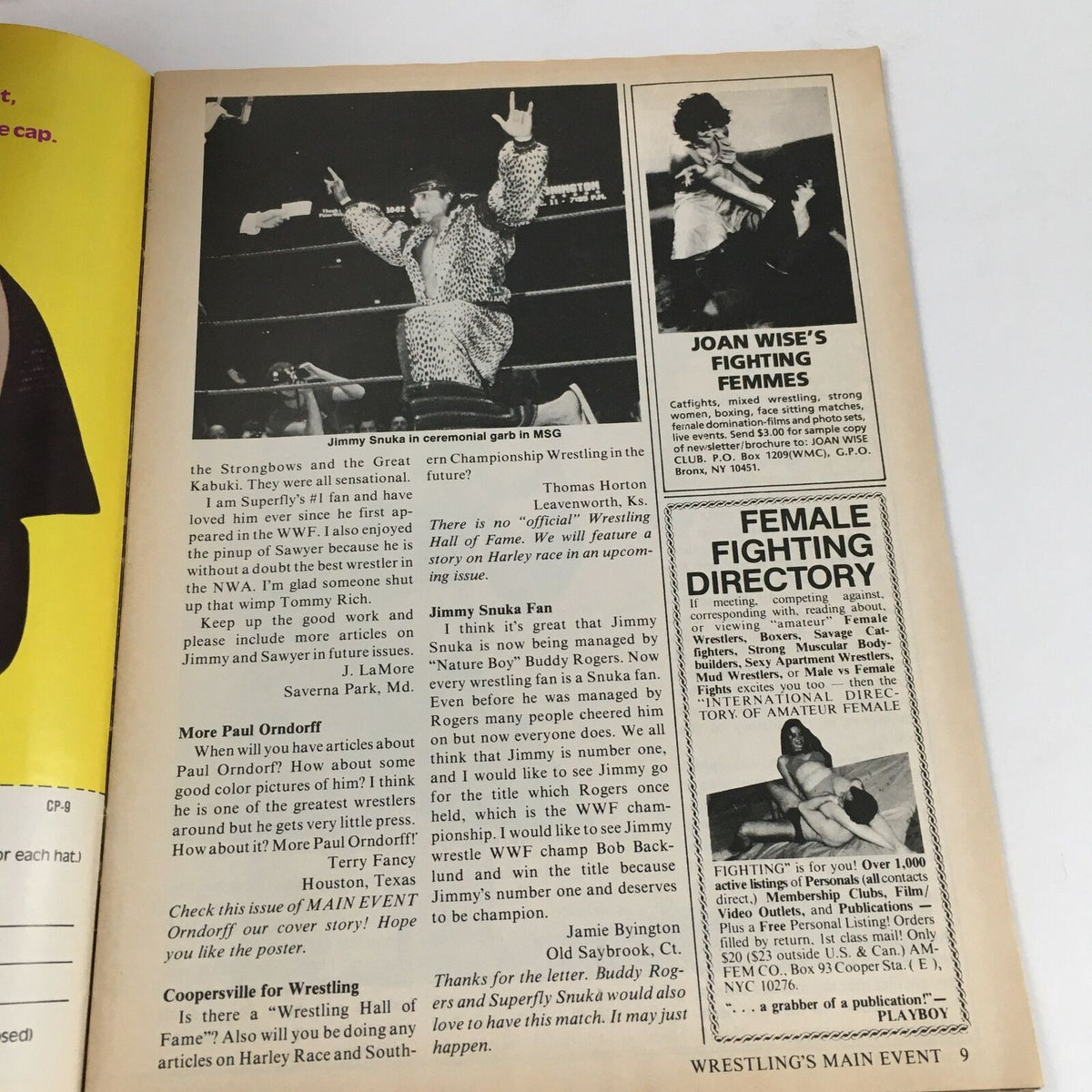 Wrestling's Main Event Magazine May 1983 page featuring Jimmy Snuka in ceremonial garb at Madison Square Garden with text discussing wrestling events and fan engagement.