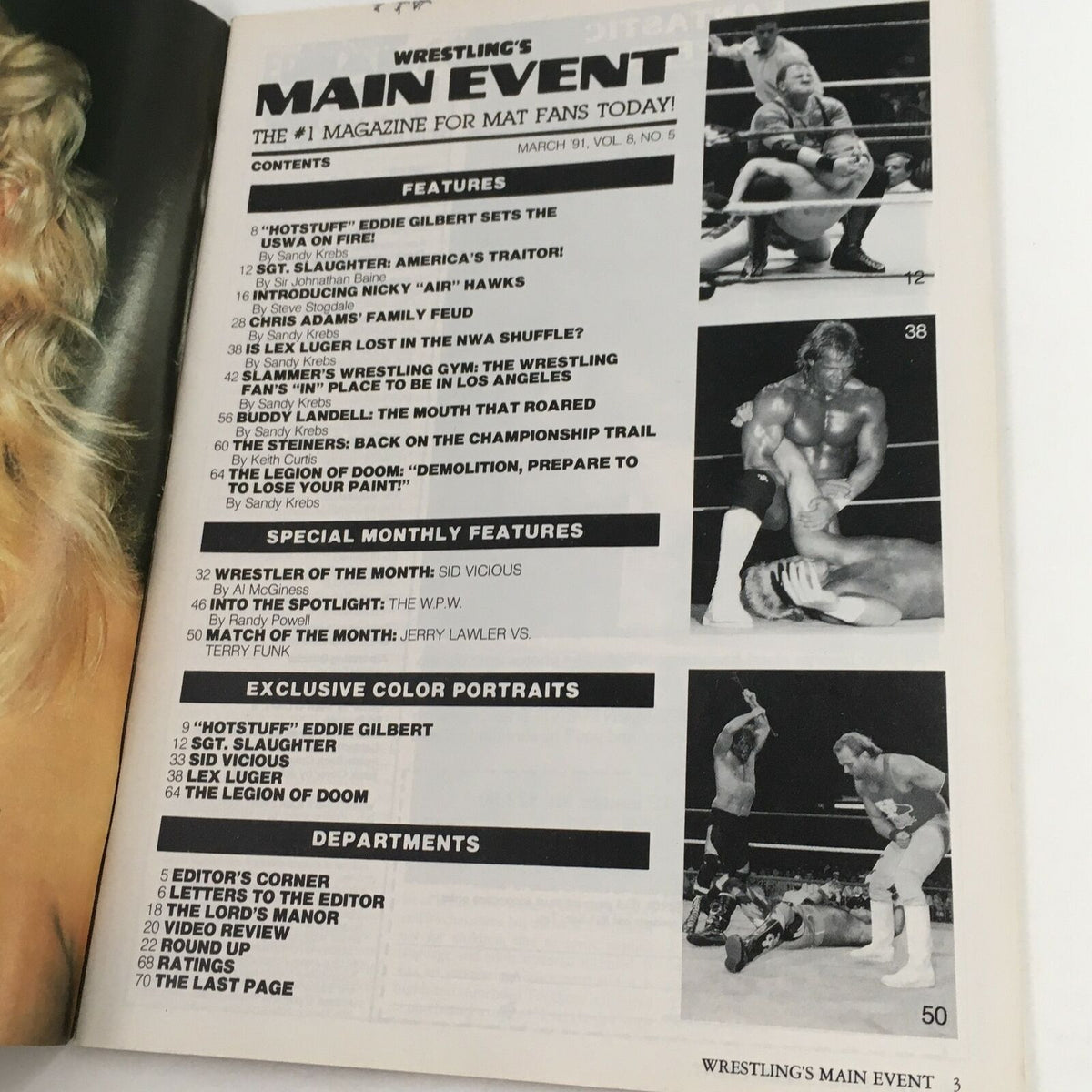 Contents page of Wrestling's Main Event Magazine March 1991 detailing features like Eddie Gilbert and Sid Vicious, along with exclusive color portraits and monthly features related to wrestling.