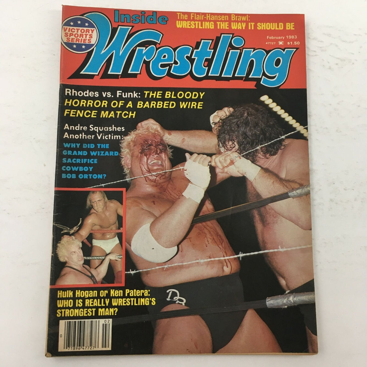 Cover of Inside Wrestling Magazine, February 1983, featuring dramatic wrestling action with a bloody match involving Dusty Rhodes and Terry Funk, plus a highlight on Hulk Hogan or Ken Patera, and Bob Orton showcased.