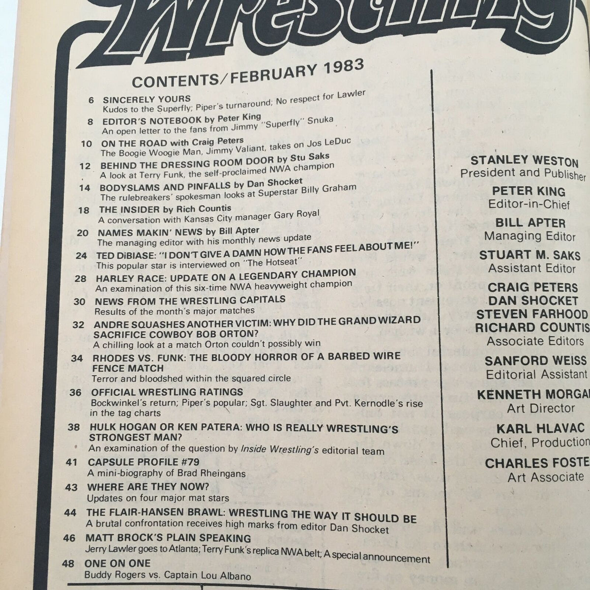 Inside Wrestling Magazine February 1983 Table of Contents showcasing key features and articles, including highlights about Hulk Hogan, Ken Pantera, and Bob Orton.
