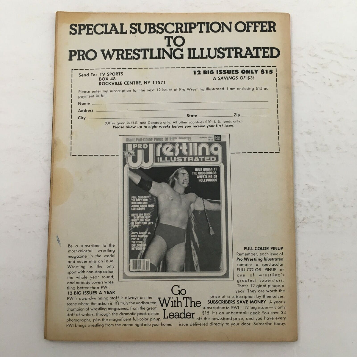 Inside Wrestling Magazine February 1983 special subscription offer page for Pro Wrestling Illustrated with a promotional image featuring famous wrestler, highlighting an offer for 12 issues.